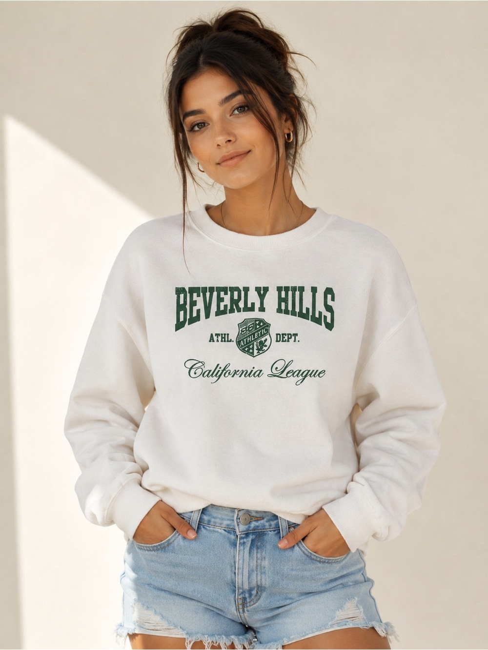 Beverly Hills Cream Sweatshirt with Green Print